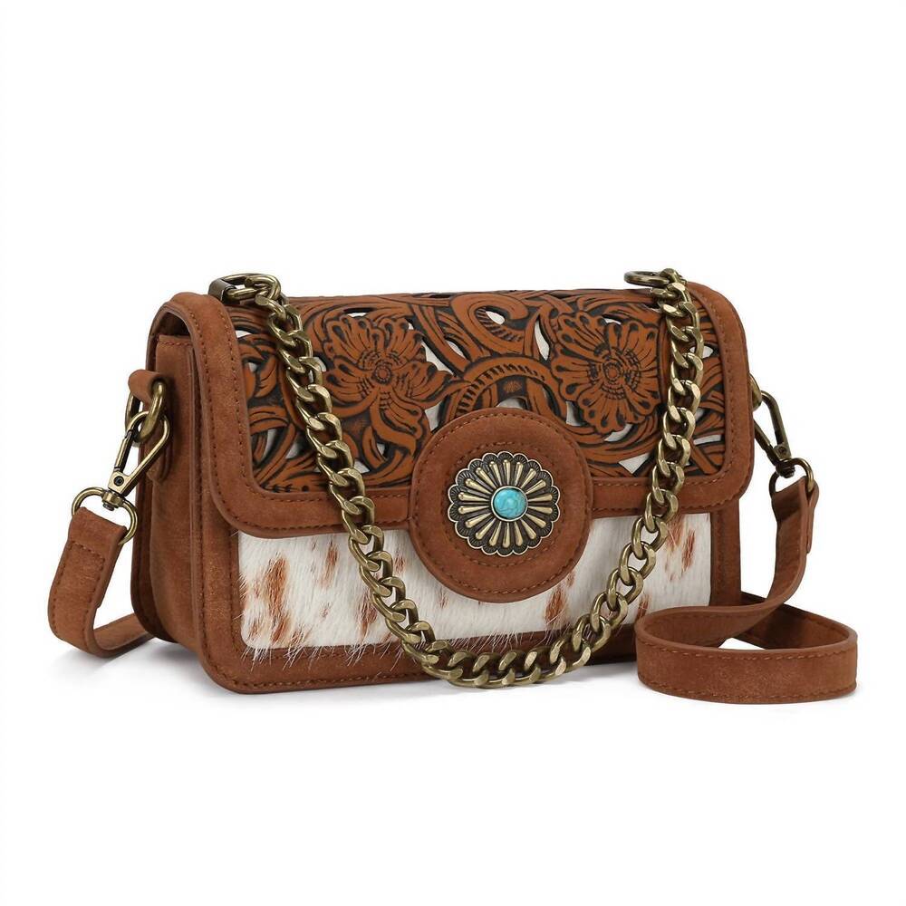 NEW TRINITY RANCH cowhide floral cutout crossbody bag in brown